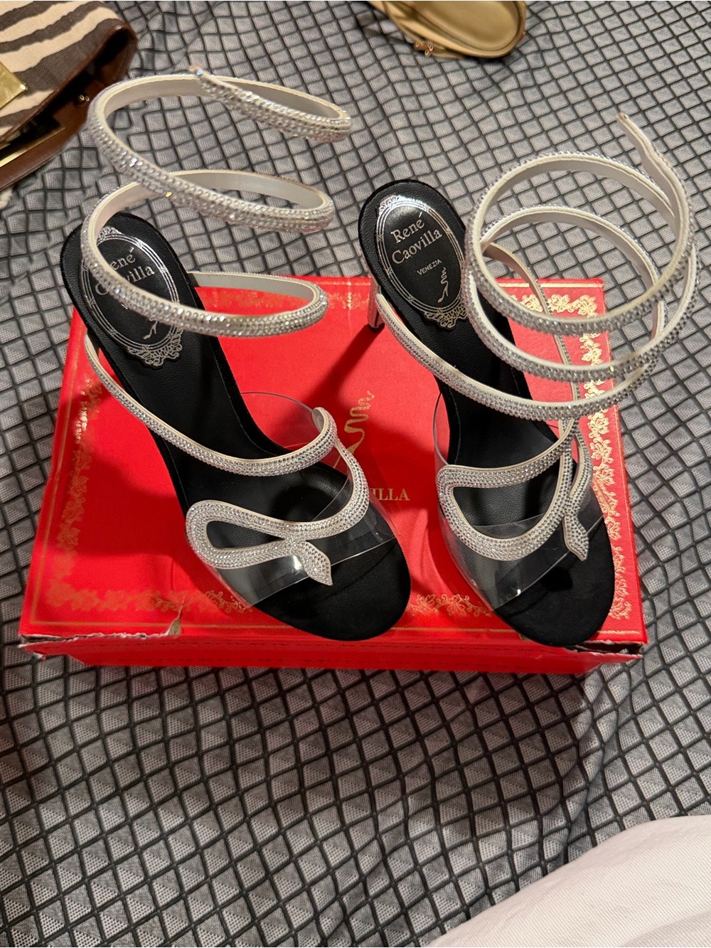 Rene Caovilla Silver Crystal Spiral Wrap Heels